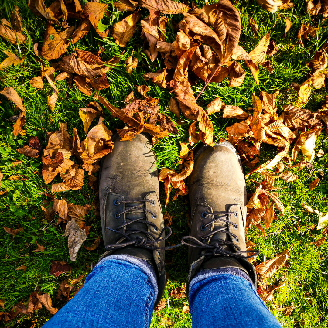 A person in walking boots stands on autumn leaves that have fallen on the ground